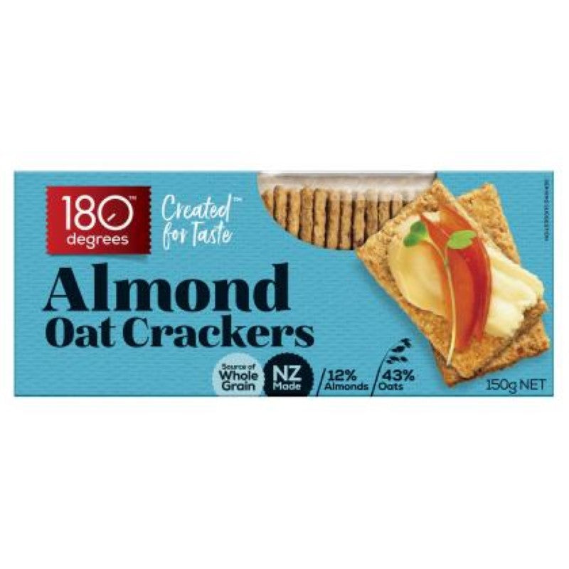 Crunchy oat almond crackers from 180 Degree, gluten-free and perfect for snacking, 150G pack from New Zealand.