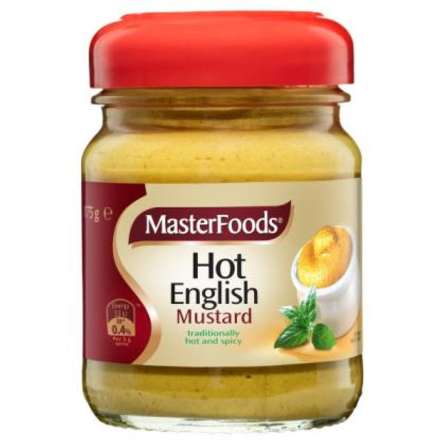 Spicy Mustard Hot English by MasterFoods in a 175g jar, perfect for sandwiches and burgers.