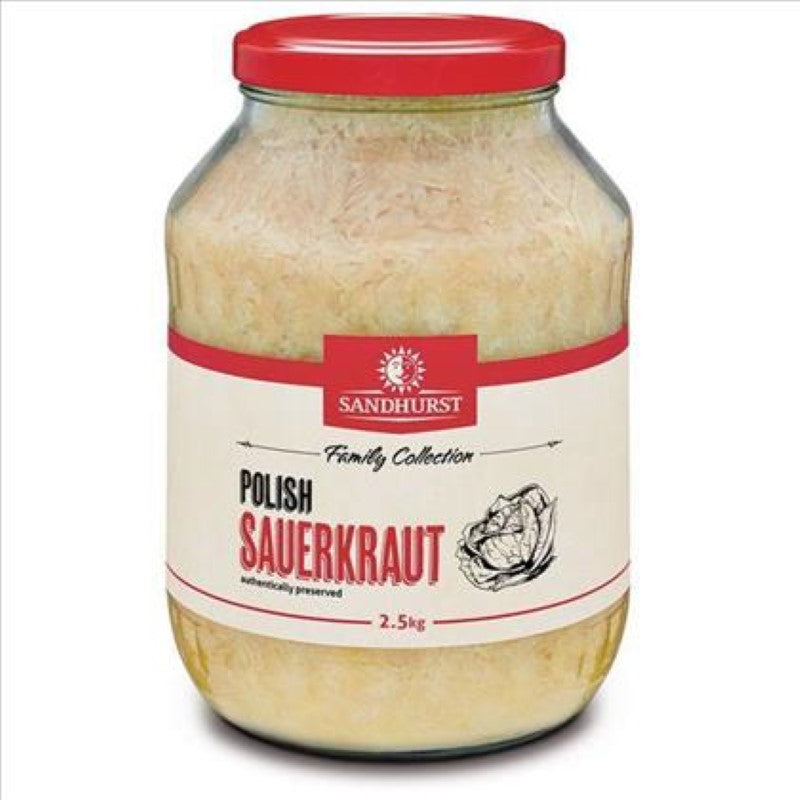 Authentic 2.5KG Sandhurst Sauerkraut, rich in probiotics and perfect for enhancing meals with traditional Polish flavor.