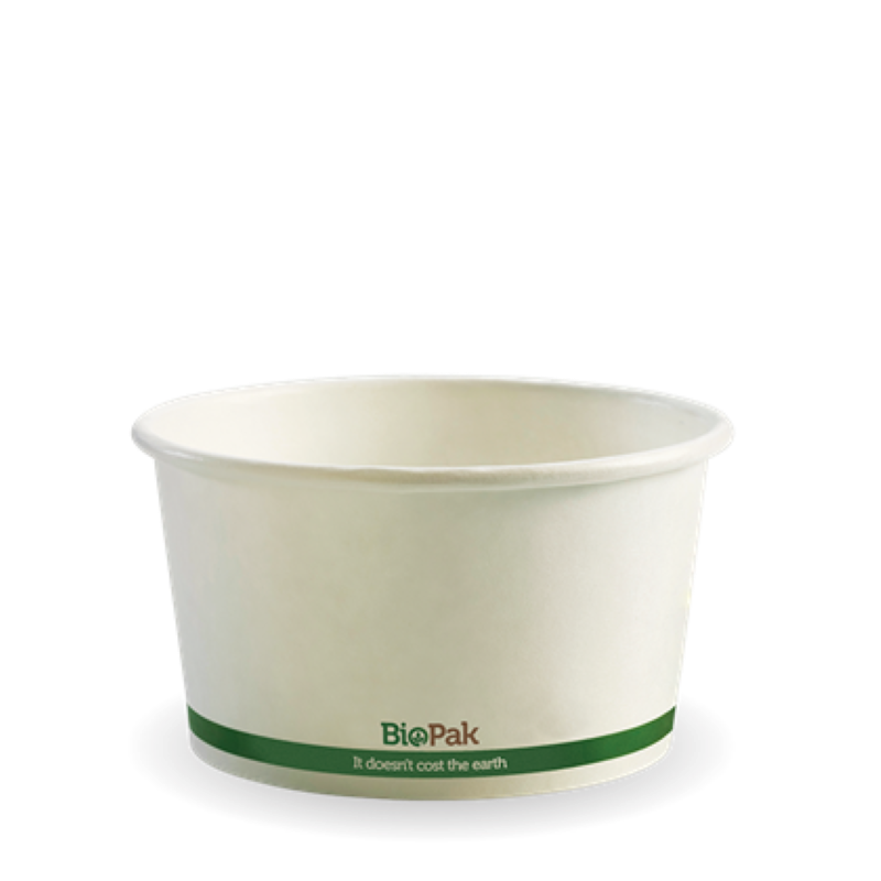 Bowl Paper 12oz White Green Stripe Lined (115mm dia 61mm H) - Biopak - 25PC