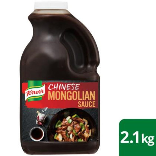 Knorr Chinese Mongolian Gluten-Free Sauce 2.1KG, made with garlic and chili, perfect for stir-fries and marinades.