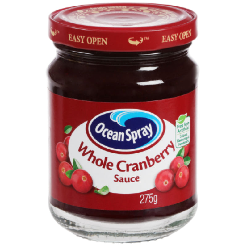 Ocean Spray Whole Berry Cranberry Sauce in a 275g jar, featuring whole cranberries for a sweet and tangy flavor.