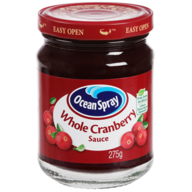 Ocean Spray Whole Berry Cranberry Sauce in a 275g jar, featuring whole cranberries for a sweet and tangy flavor.