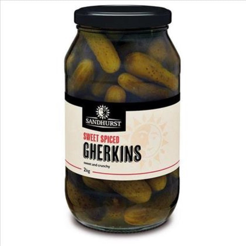 Whole sweet spiced gherkins in a 2KG pack, perfect for snacking or enhancing dishes with flavorful zest.