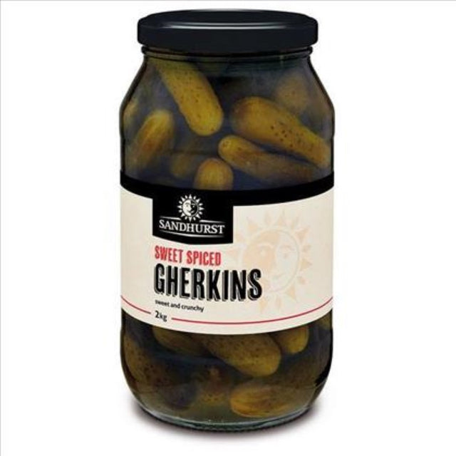 Whole sweet spiced gherkins in a 2KG pack, perfect for snacking or enhancing dishes with flavorful zest.