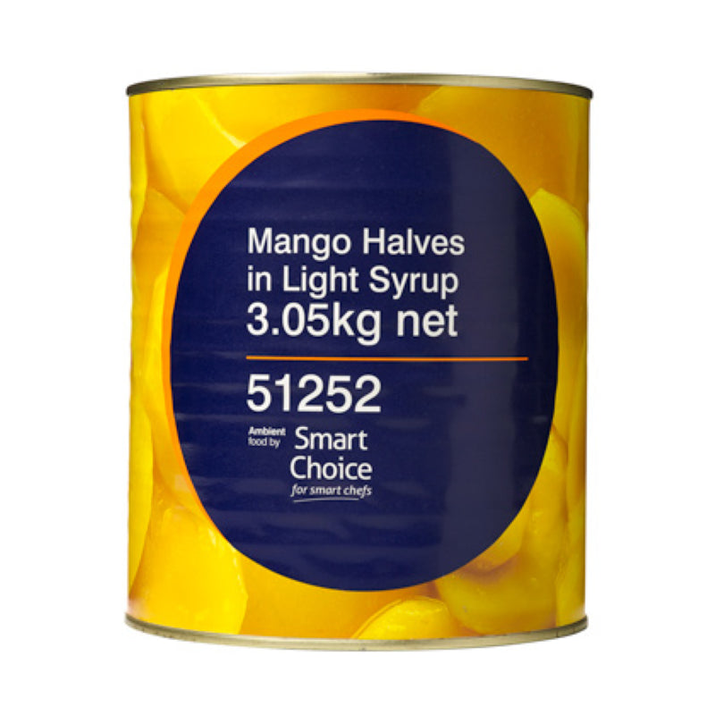 Sweet mango halves in light syrup, perfect for desserts and cocktails, packaged in a 3KG Smart Choice container.