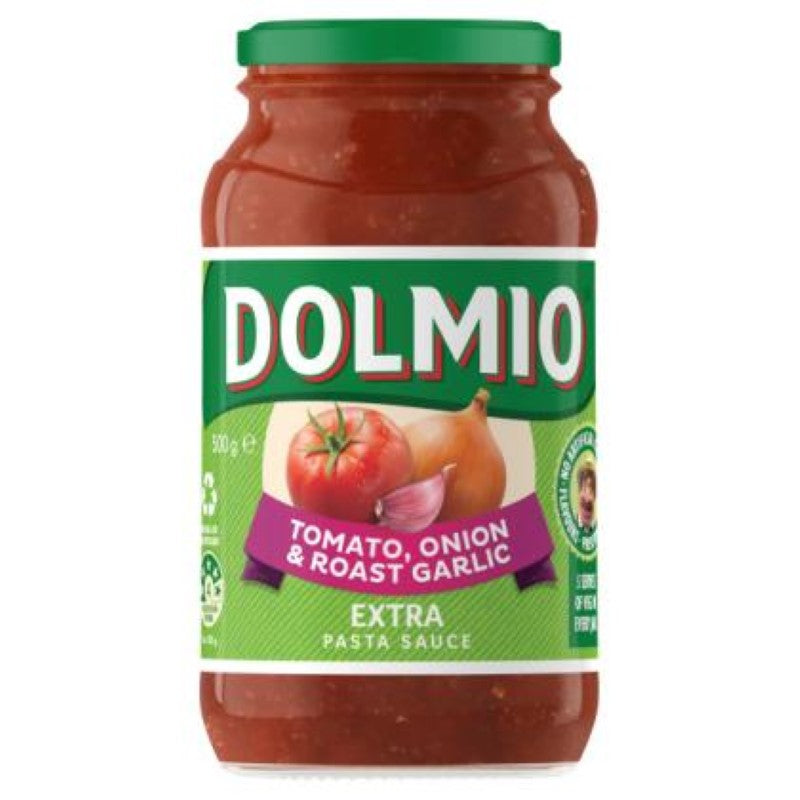 Dolmio 500g tomato onion roasted garlic sauce, perfect for enhancing pasta with rich, flavorful ingredients.