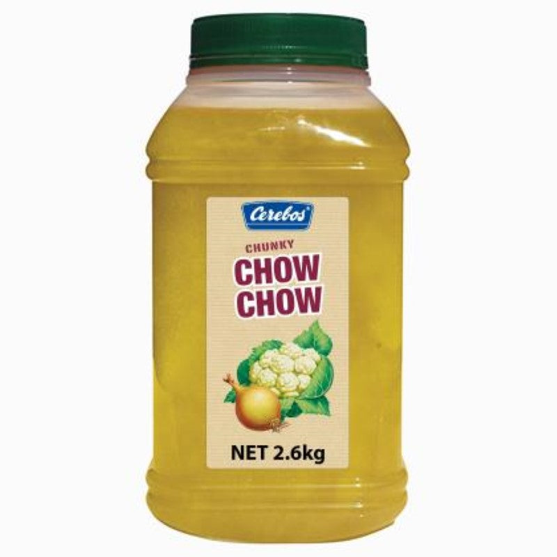 Cerebos Chow Chow 2.6KG jar filled with vibrant cauliflower, gherkins, and onions, perfect for enhancing meals.