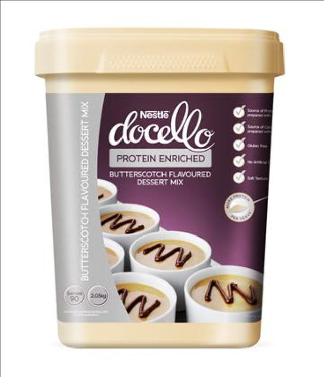 Nestle Docello Butterscotch Dessert Mix, 2.05KG, protein-enriched, gluten-free, perfect for luscious guilt-free treats.