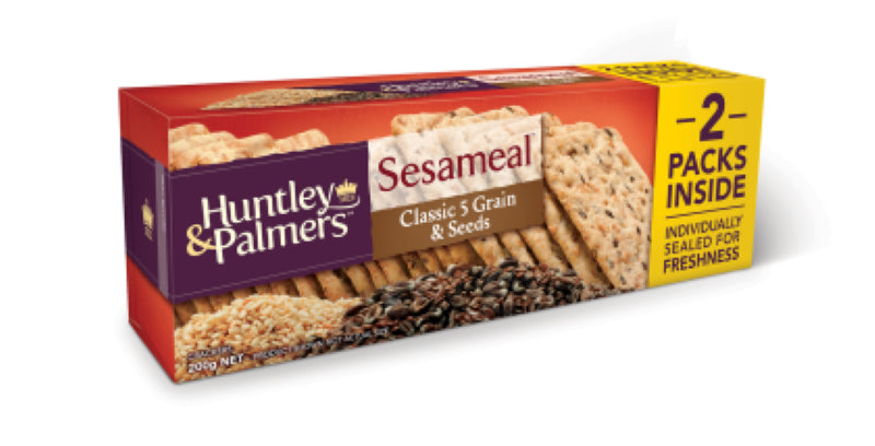 Crunchy 5 grain crackers by Huntley & Palmers, made in New Zealand, perfect for healthy snacking and pairing.