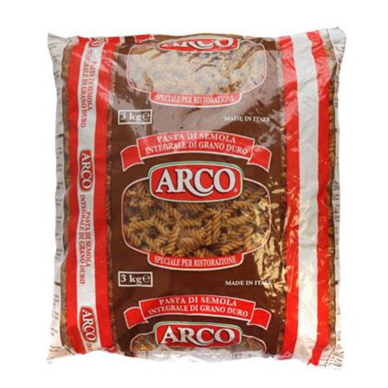 3kg pack of ARCO Wholemeal Fusilli pasta, rich in fiber and essential nutrients for healthy Italian meals.