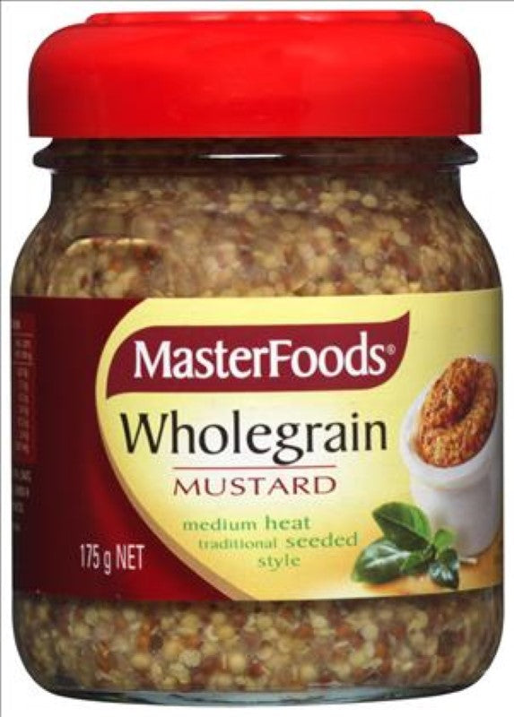 Jar of MasterFoods 175g Wholegrain Mustard, showcasing rich flavor and whole mustard seeds for gourmet dishes.