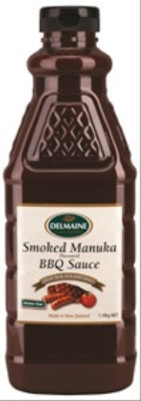 Delmaine Manuka Barbeque Sauce in a 1.10KG bottle, blending premium honey with smoky spices for a flavorful grilling experience.