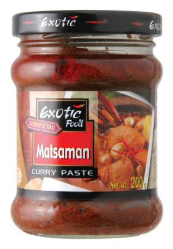 200G pack of Exotic Foods' Massaman Curry Paste, featuring traditional Thai spices for authentic flavors in home cooking.