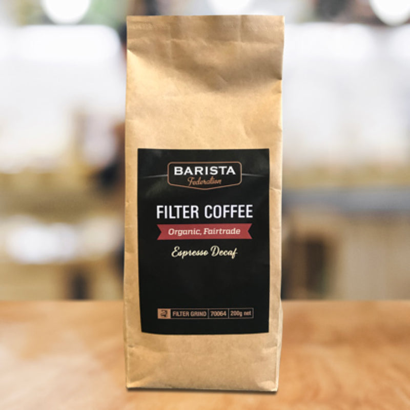 200g pack of Barista Federation's Fair Trade decaf espresso, offering rich flavor without caffeine for guilt-free enjoyment.