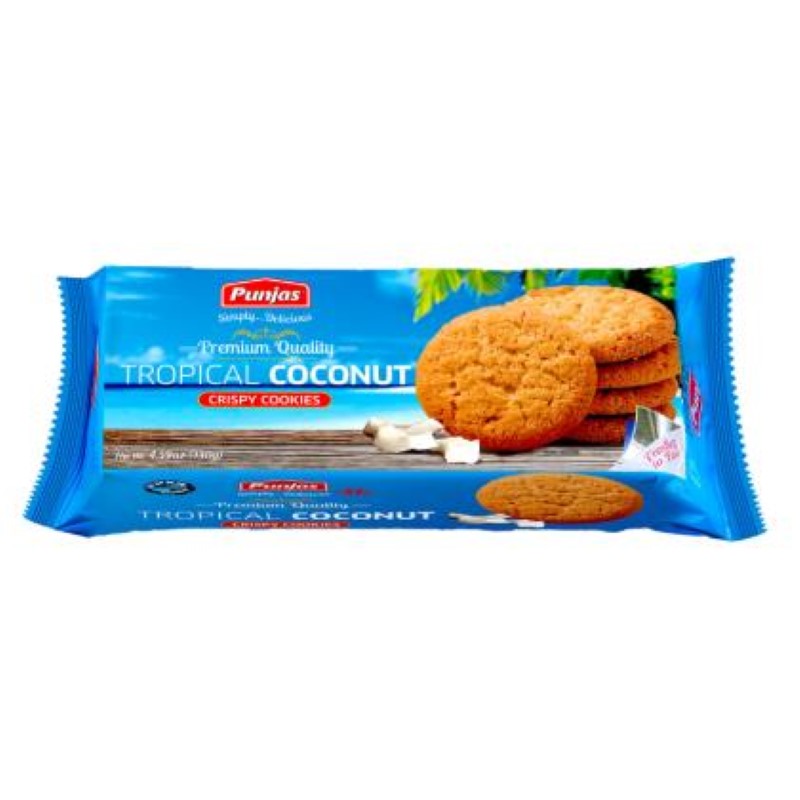 Punjas Coconut Tropical Cookies: 130g pack of crunchy, sweet cookies made with real coconut flakes from Fiji.