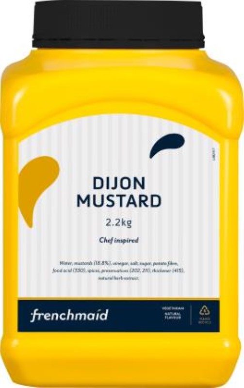 2.2KG jar of Frenchmaid Dijon mustard, perfect for enhancing meats, fish, and vegetarian dishes with gourmet flavor.