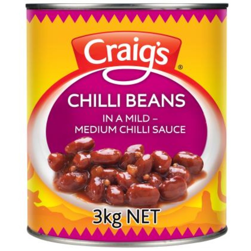 3KG pack of Craig's Chilli Beans, ideal for enhancing Mexican dishes with rich flavors of tomatoes and spices.