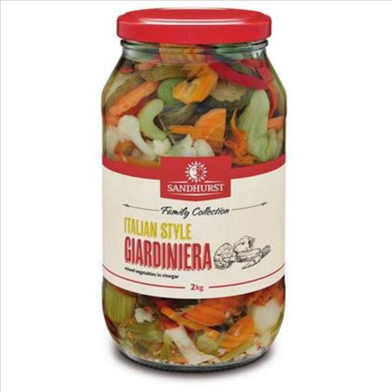 2KG jar of Sandhurst Giardiniera pickled vegetable mix, featuring crunchy seasonal veggies in tangy vinegar, Italian style.