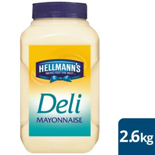 2.6KG jar of Hellmann's Deli Mayonnaise, creamy with sweet and tangy flavor, ideal for enhancing sandwiches and dips.