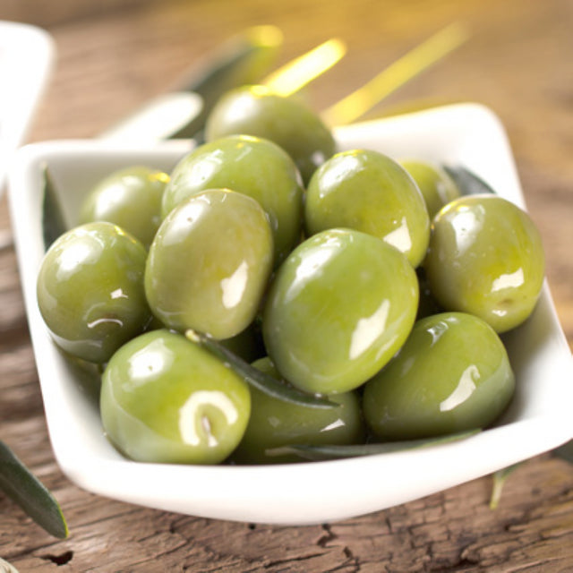 Plump Green Queen olives in a 2KG pack, imported from Greece, perfect for snacking and enhancing Mediterranean dishes.