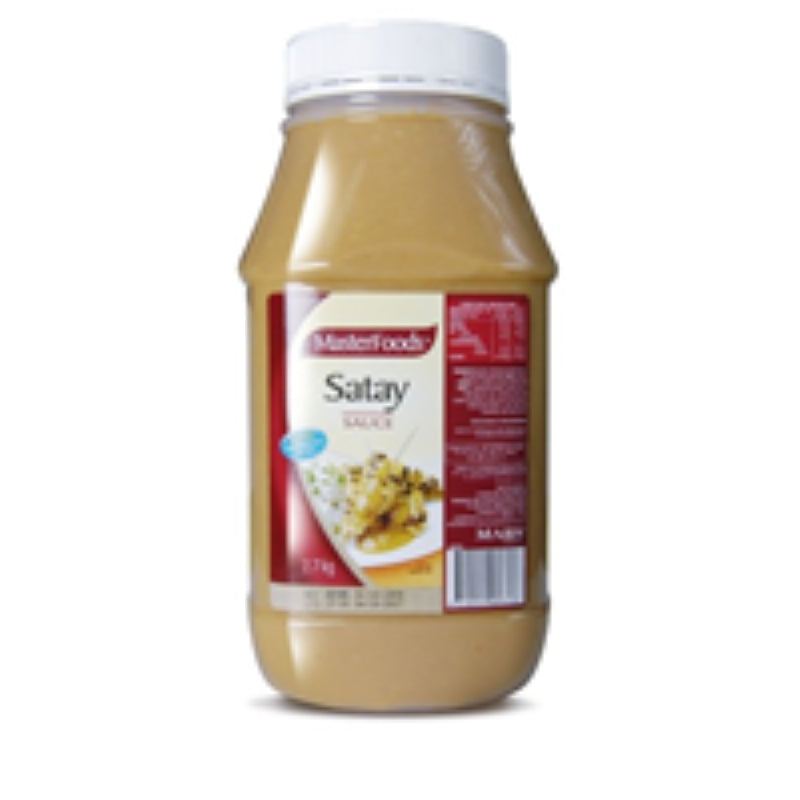 A 2.7KG bottle of MasterFoods Sauce Satay, perfect for marinating, dipping, and enhancing meals with authentic flavors.