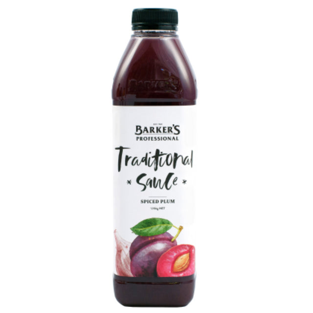 Barkers Sauce Plum Spiced 1.16KG, a rich, savory condiment of plums, garlic, and spices for enhancing dishes.