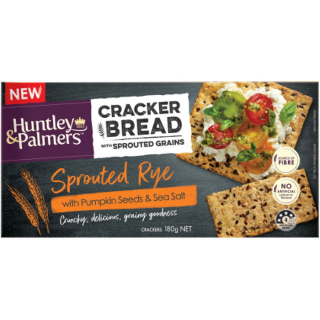 Huntley & Palmers Cracker Bread Sprouted Rye with pumpkin seeds, 180g pack, nutritious, crunchy, and vegan-friendly.