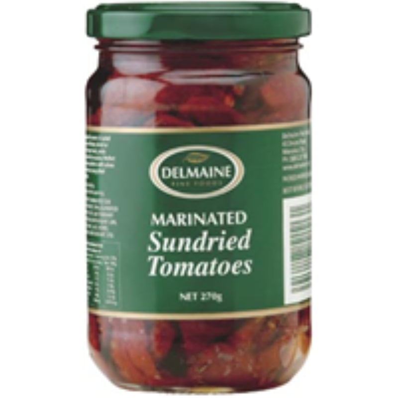 Delmaine Sundried Tomatoes in Oil, 270G jar, vibrant ruby red, infused with garlic and herbs for Mediterranean flavor.