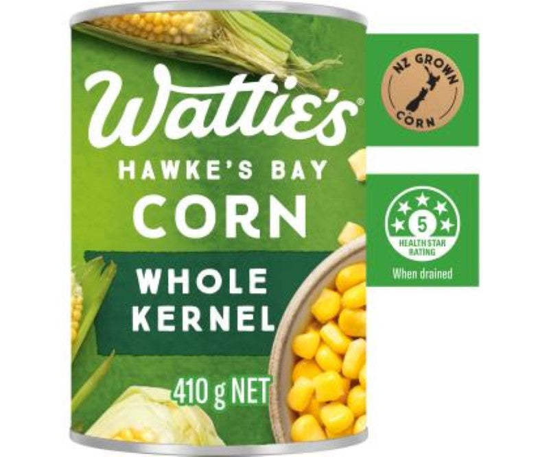 Wattie's Corn Whole Kernel in a 410G can, featuring sweet, tender kernels ideal for salads and casseroles.