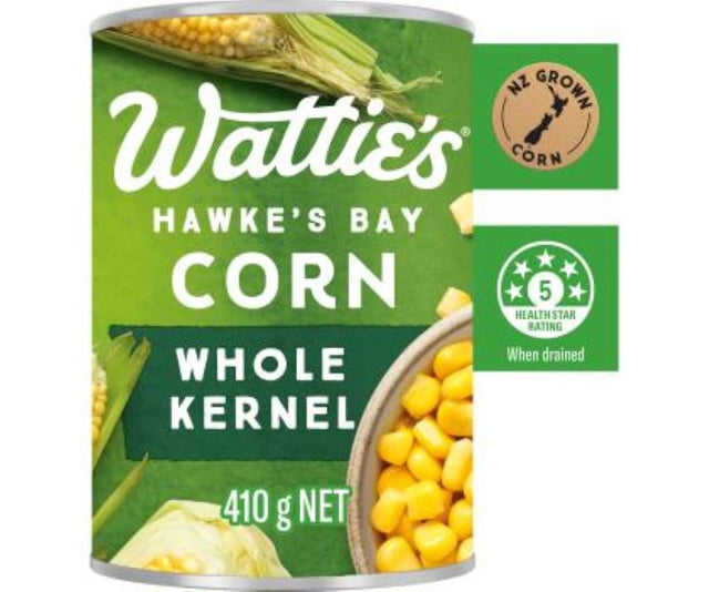 Wattie's Corn Whole Kernel in a 410G can, featuring sweet, tender kernels ideal for salads and casseroles.