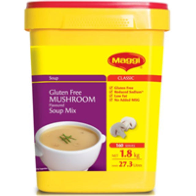 Maggi gluten-free Soup Mushroom 1.8KG pack, versatile for soups, pasta, and pies, with authentic New Zealand flavor.