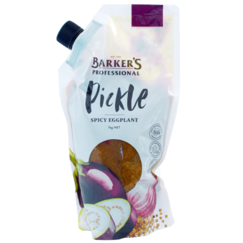 Barkers Pickle Spicy Eggplant in a 1KG jar, featuring tangy eggplant and spices for a flavorful condiment.