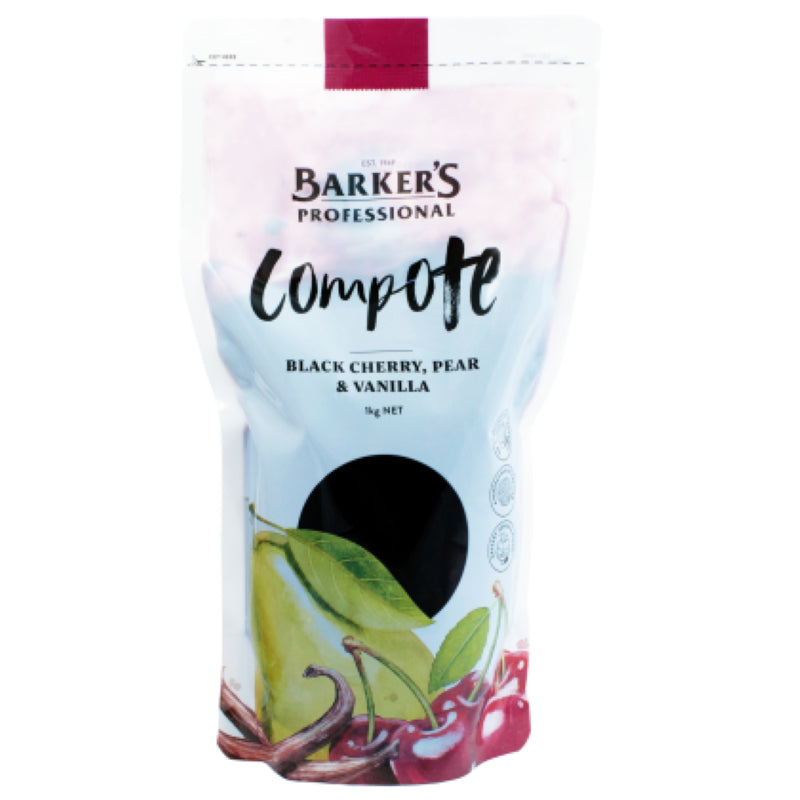 Barkers 1KG Compote featuring a rich blend of black cherry, pear, and vanilla for versatile culinary use.