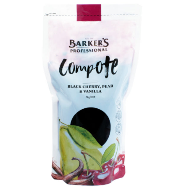 Barkers 1KG Compote featuring a rich blend of black cherry, pear, and vanilla for versatile culinary use.