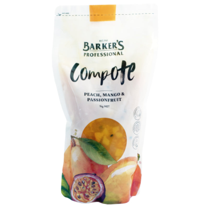 Delicious compote featuring mango, passionfruit, and peach in a 1KG jar by Barkers.