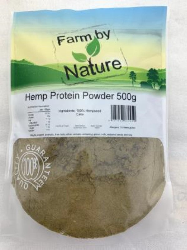 Hemp Protein powder by Farm By Nature in a 500g package for enhanced nutrition.