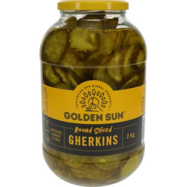 Golden Sun Gherkin Round Slices in a 2KG jar, featuring tangy-sweet slices perfect for enhancing salads and appetizers.