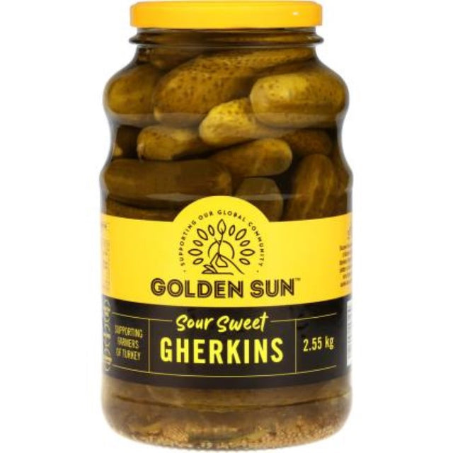 Whole Sour Sweet Gherkins in a 2.55KG jar, crunchy and tangy, perfect for salads and charcuterie boards.