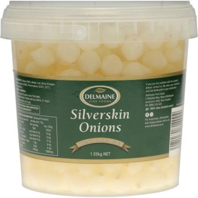 Delmaine Silverskin Onions in a 1.55KG pack, featuring sweet, mild flavor ideal for roasting and pickling, sourced from Spain.