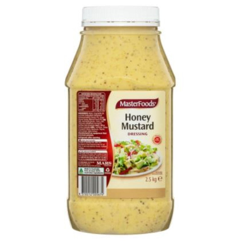 MasterFoods 2.5KG Honey Mustard dressing, blending sweet honey and tangy mustard for salads and gourmet dishes.