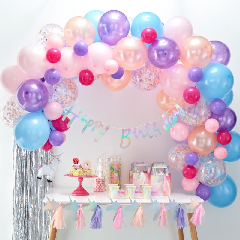 Pastel balloon arch pack of 80 in various colors for vibrant party decor, includes confetti balloons and assembly tape.