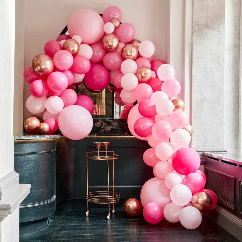 Luxe pink and rose gold balloon arch kit with 200 balloons for elegant party decorations and easy assembly.