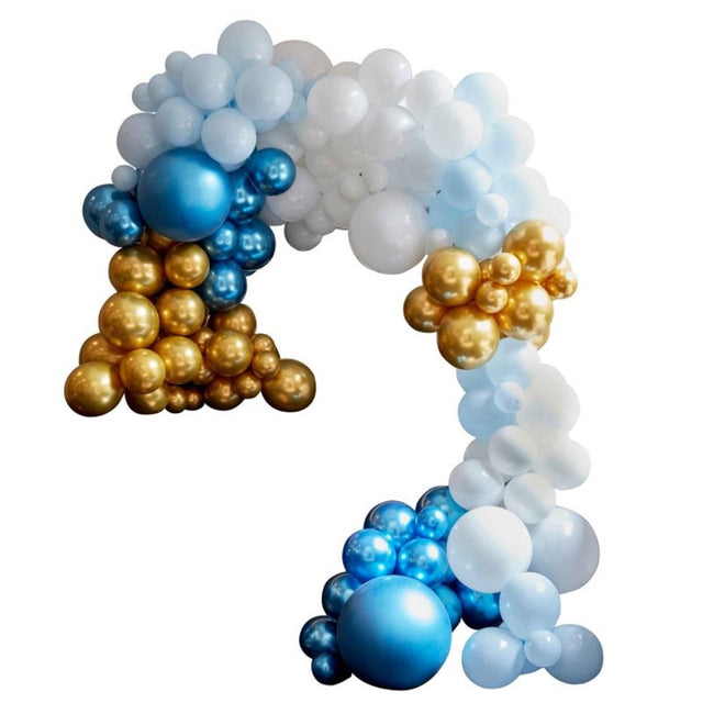 Luxe blue and gold balloon arch kit with 200 pieces for stunning party decor and easy assembly, perfect for any celebration.
