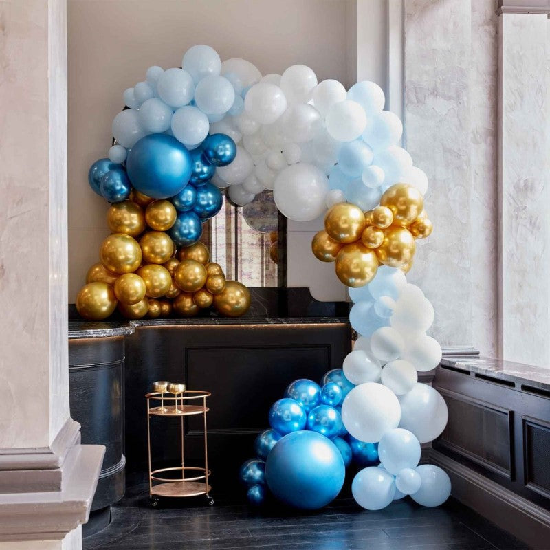 Luxe blue and gold balloon arch kit with 200 high-quality latex balloons for stunning event decor. Perfect for celebrations.
