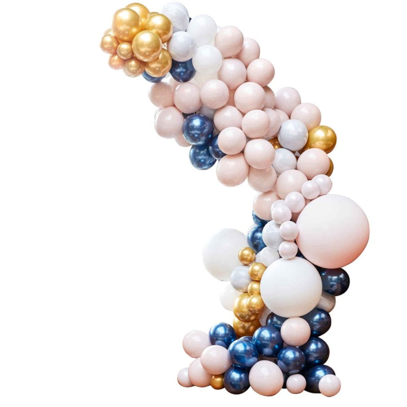 Luxe Navy and Gold Chrome Balloon Arch Kit composed of 200 elegant balloons for stunning party displays.