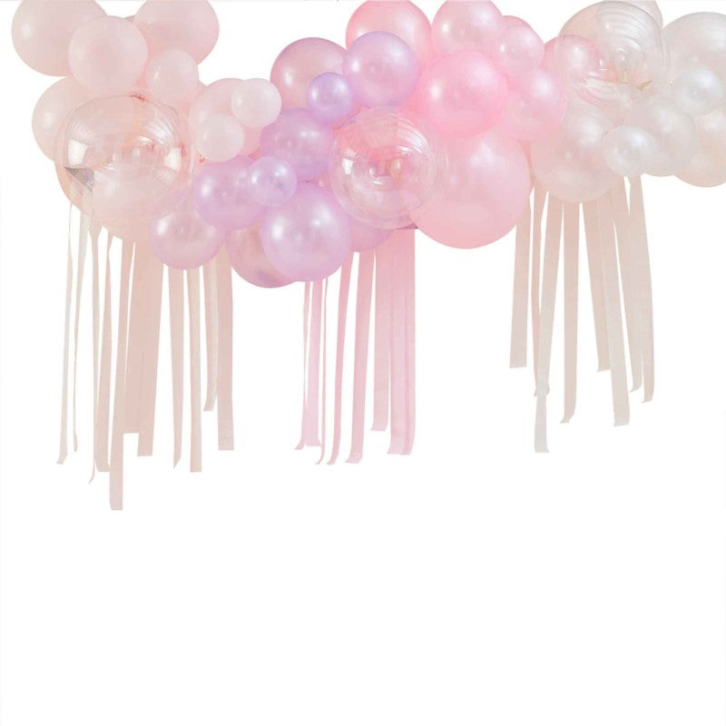 Pastel, pearl, and ivory balloon arch kit with 50 balloons for elegant celebrations, including streamers and clear orbs.