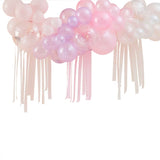 Pastel, pearl, and ivory balloon arch kit with 50 balloons for elegant celebrations, including streamers and clear orbs.
