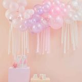 Pastel, pearl, and ivory balloon arch kit with 50 balloons, ideal for elegant celebrations and easy assembly.