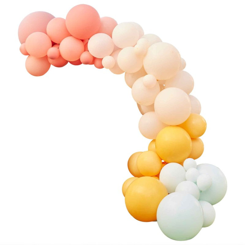 Muted pastel balloon arch kit featuring 75 latex balloons in coral, pink, peach, yellow, and mint green for celebrations.